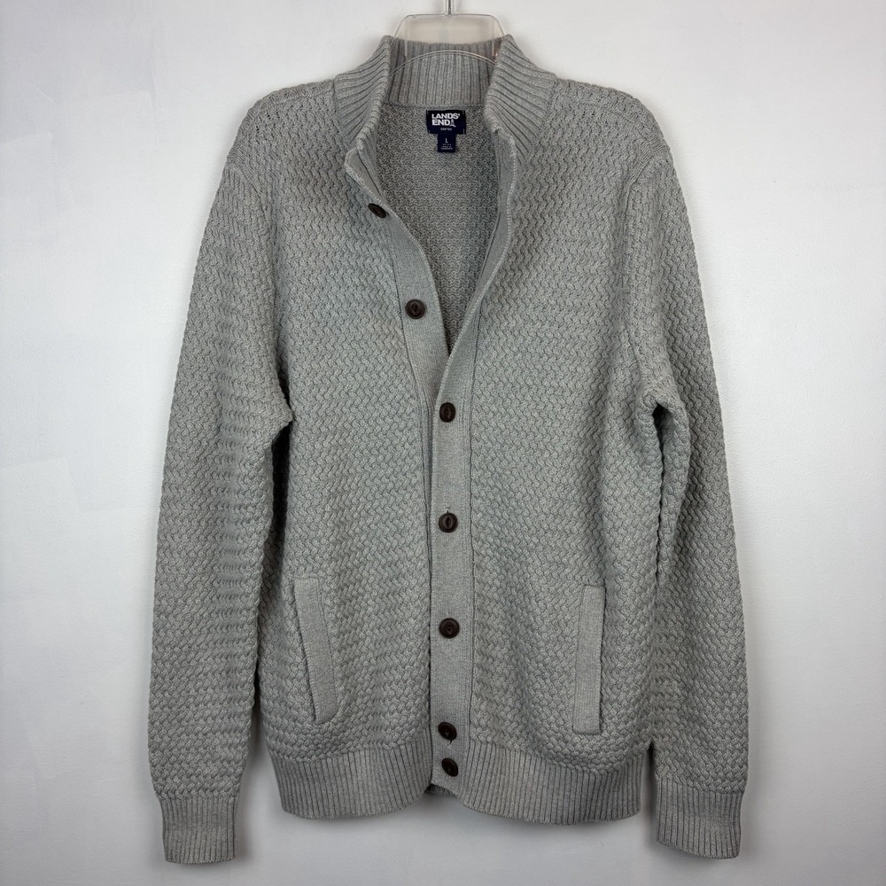 Lands End Grandpa Cardigan Mens Large Gray Cotton Heavyweight Layer Academia